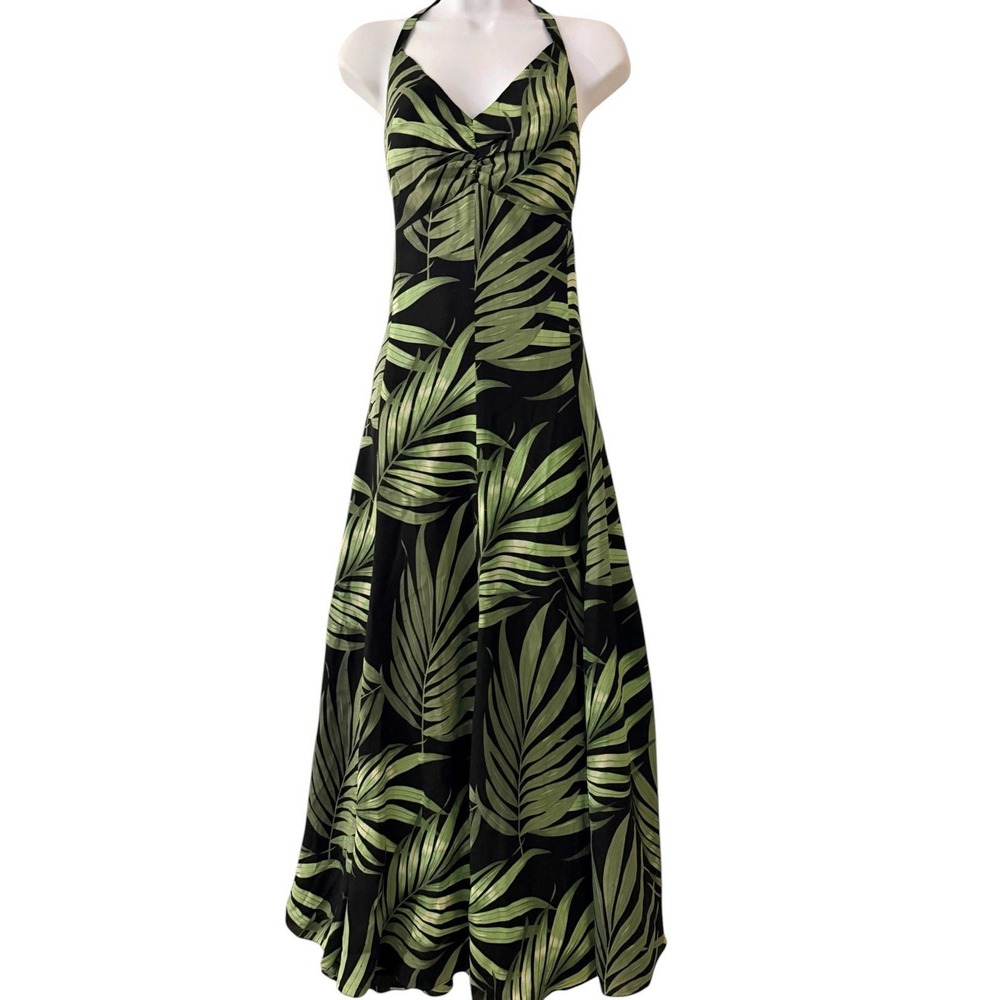 Tommy Bahama Silk Halter Maxi Dress 16 Tropical Palm Leaf Print Black Green - Picture 2 of 7